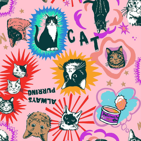 PREORDER In the Popworld Cats -Pink by UN/NO Cotton Fabric, NN2332H 11C Comso Textile 