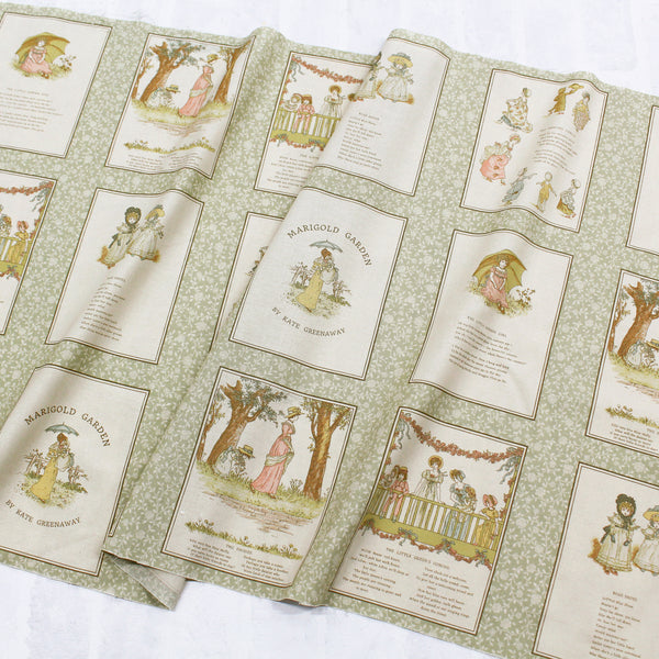 PREORDER Story Panel- Green Cotton Fabric, Kate Greenaway - Imported from Japan