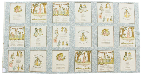 PREORDER Story Panel - Blue Gray Cotton Fabric, Kate Greenaway - Imported from Japan