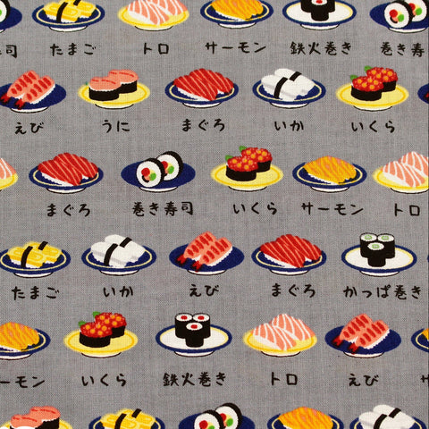 PREORDER Sushi Print Cotton Fabric - Gray by Fuwari, Imported from Japan