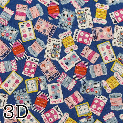 PRE ORDER Cheery Days by Koko Seki Cotton Fabric, Retro Sewing Notions Toss, Blue
