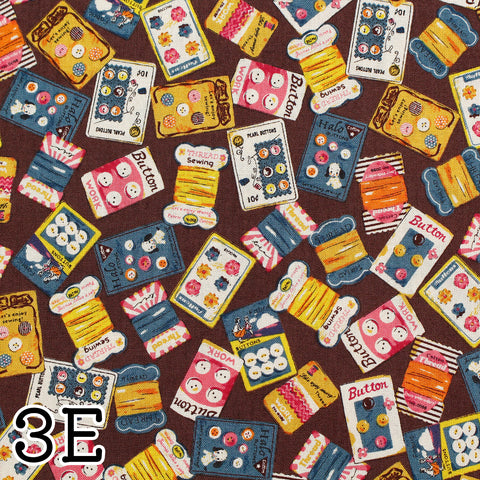 PRE ORDER Cheery Days by Koko Seki Cotton Fabric, Retro Sewing Notions Toss, Brown