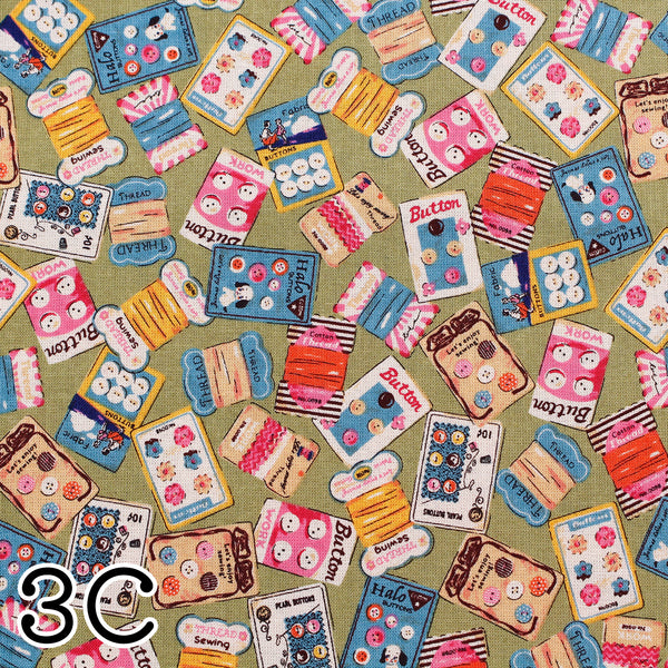 PRE ORDER Cheery Days by Koko Seki Cotton Fabric, Retro Sewing Notions Toss, Pink 