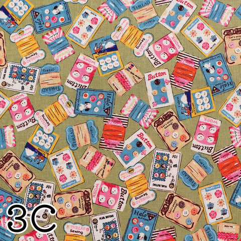 PRE ORDER Cheery Days by Koko Seki Cotton Fabric, Retro Sewing Notions Toss, Pink 