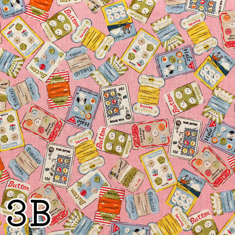PRE ORDER Cheery Days by Koko Seki Cotton Fabric, Retro Sewing Notions Toss, Pink 