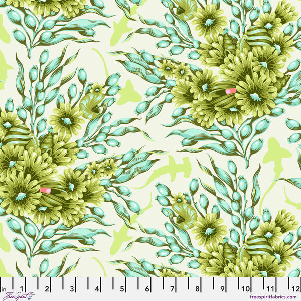 Scale of Shadow Sharks in Seagrass from the Floral Reef collection by Tula Pink – subtle shark silhouettes integrated into a floral reef design