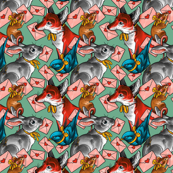 Pen Pals Multi cotton fabric from Love Letters by Club Hauer for FreeSpirit Fabrics featuring mail and animal motifs on a green background.