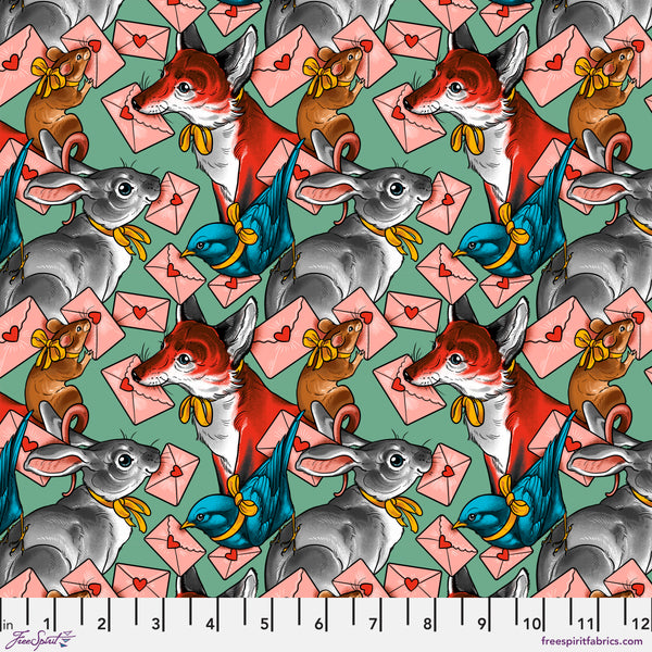 Scale of Pen Pals Multi cotton fabric from Love Letters by Club Hauer for FreeSpirit Fabrics featuring mail and animal motifs on a green background.