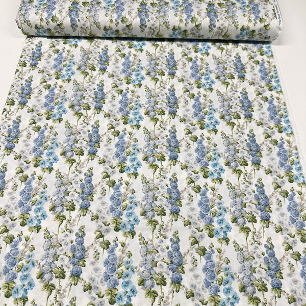 Hollyhocks White Southwold Blue by Sanderson Cotton Fabric, Free Spirit Fabrics  PWSA022.White