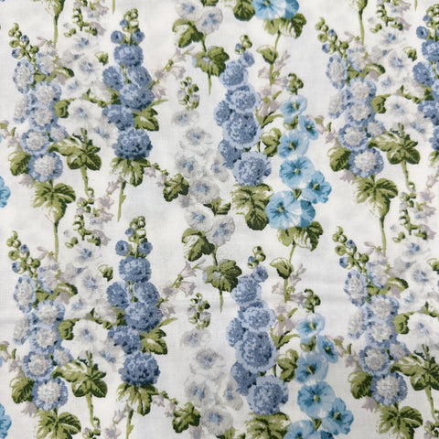 Hollyhocks White Southwold Blue by Sanderson Cotton Fabric, Free Spirit Fabrics  PWSA022.White