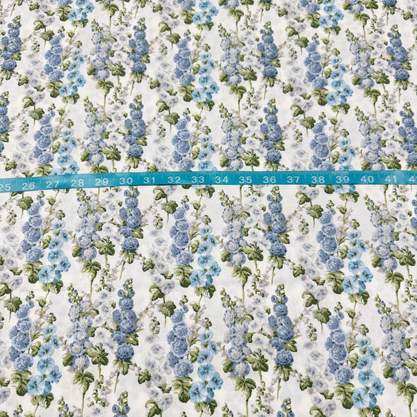 Hollyhocks White Southwold Blue by Sanderson Cotton Fabric, Free Spirit Fabrics  PWSA022.White