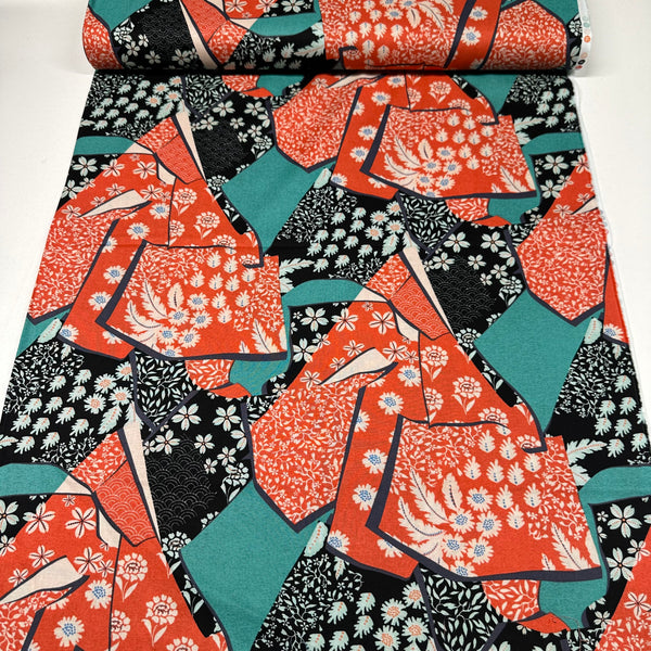 Kimono Cotton Fabric by Alexander Henry, Red Black Jade, By the Yard 9057B