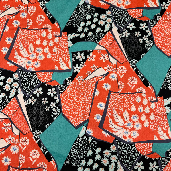 Kimono Cotton Fabric by Alexander Henry, Red Black Jade, By the Yard 9057B