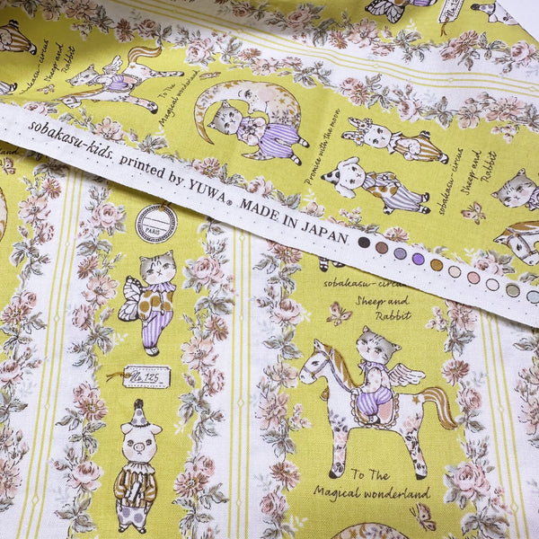 Magical Wonderland by Sobakasu Kids Cotton Fabric, Yuwa Fabrics Circus Cats and Animals on Yellow