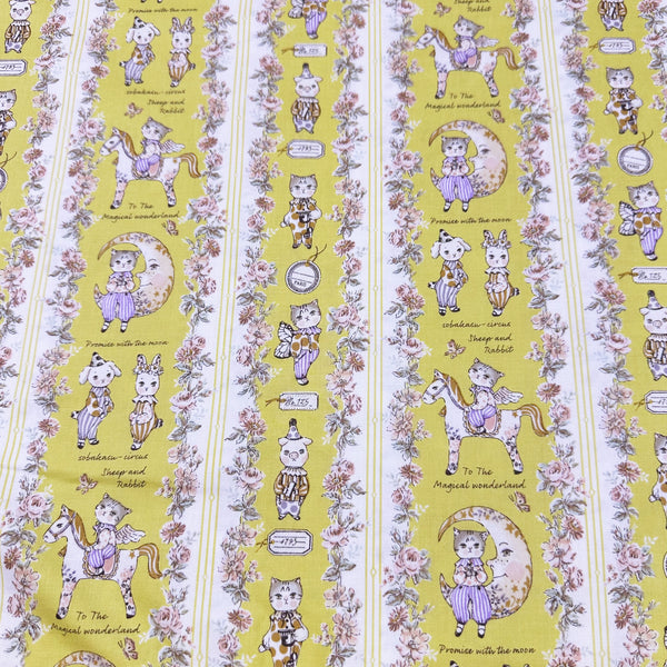 Magical Wonderland by Sobakasu Kids Cotton Fabric, Yuwa Fabrics Circus Cats and Animals on Yellow