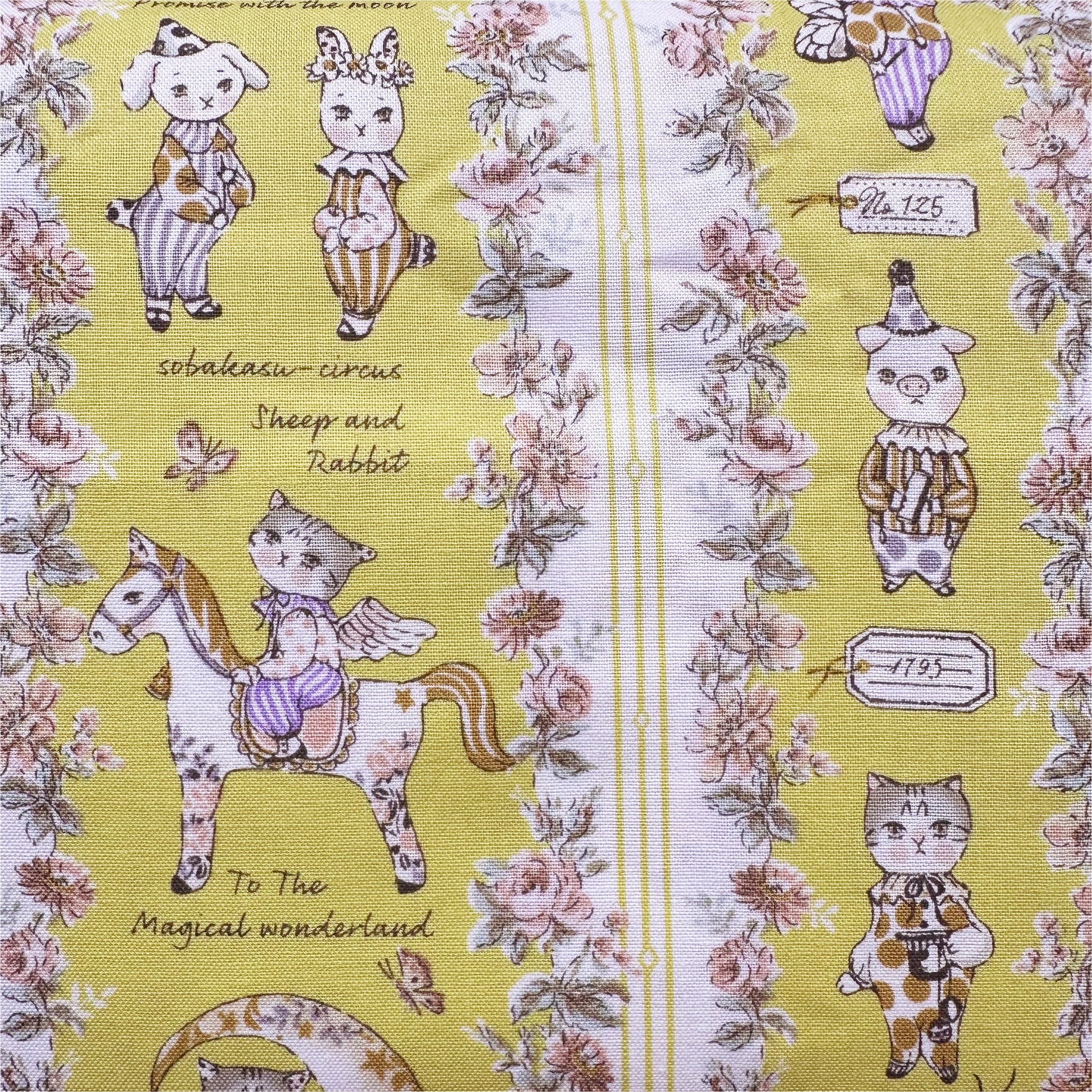 Magical Wonderland by Sobakasu Kids Cotton Fabric, Yuwa Fabrics Circus Cats and Animals on Yellow