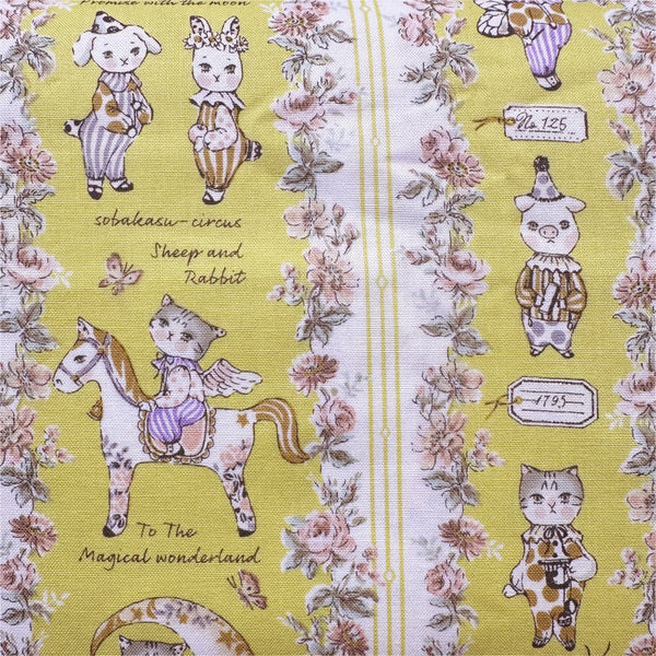 Magical Wonderland by Sobakasu Kids Cotton Fabric, Yuwa Fabrics Circus Cats and Animals on Yellow