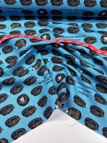 Hedgehog Scrub Brushes Canvas Fabric in Blue - Cotton Linen Blend by Cotton Kobayashi