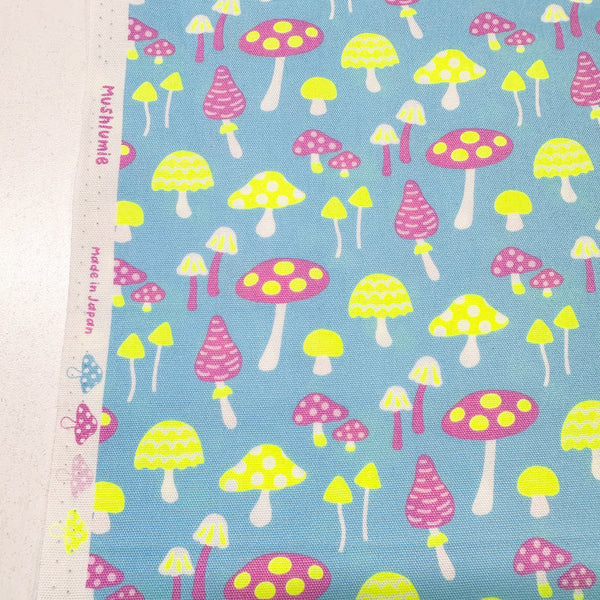 Omushi Mushrooms Cotton Oxford Fabric – Neon Yellow & Lt. Blue, Japanese Import