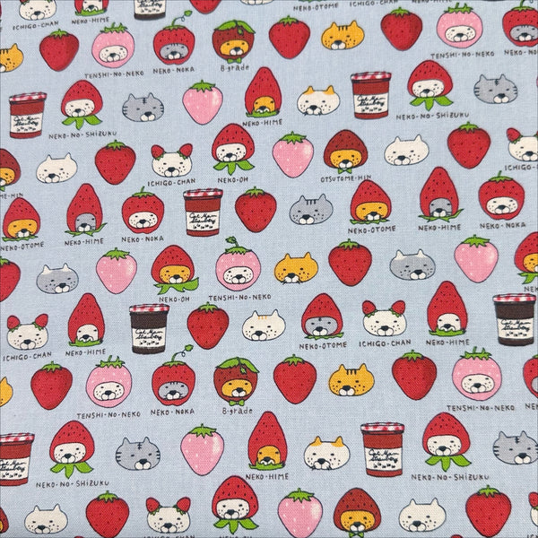 Strawberry Cats Canvas Fabric in Lt. Blue- Cotton Linen Blend by Cotton Kobayashi