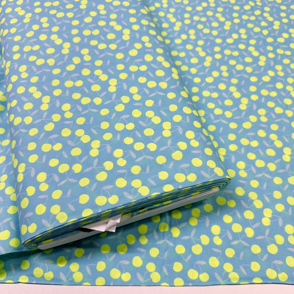 Bolt of Pop Cherry cotton fabric with neon yellow and light blue cherries, Japanese Import, quilt weight cotton for sewing and quilting