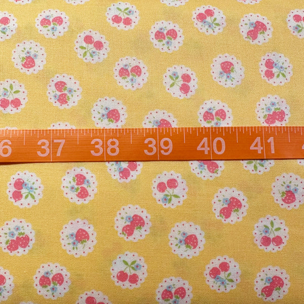 Happy Message 30s Strawberries and Cherries Cotton Fabric in Yellow, Japanese Import