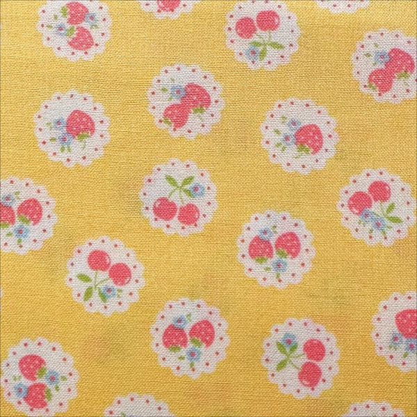 Happy Message 30s Strawberries and Cherries Cotton Fabric in Yellow, Japanese Import