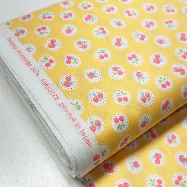 Happy Message 30s Strawberries and Cherries Cotton Fabric in Yellow, Japanese Import