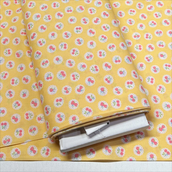 Happy Message 30s Strawberries and Cherries Cotton Fabric in Yellow, Japanese Import