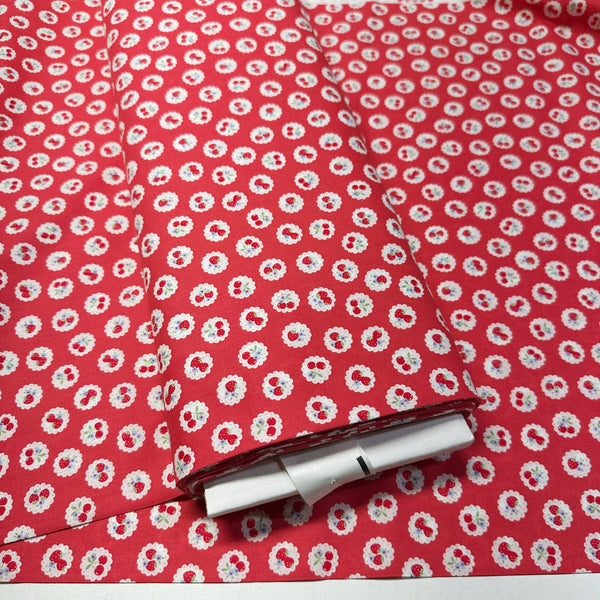 Happy Message 30s Strawberries and Cherries Cotton Fabric in Red, Japanese Import