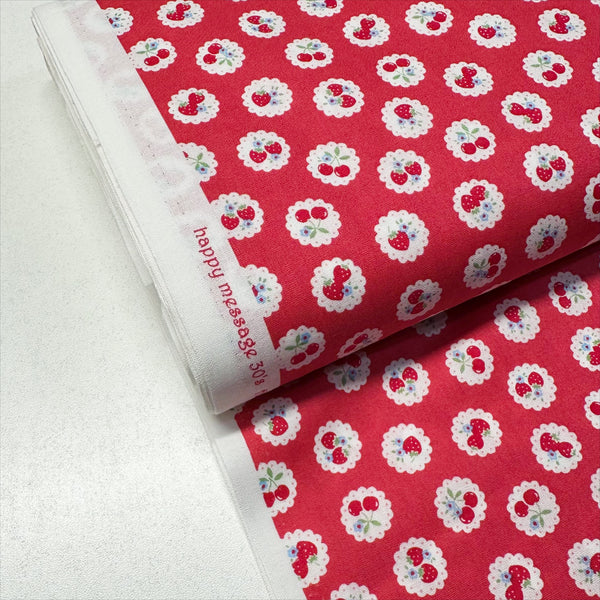 Happy Message 30s Strawberries and Cherries Cotton Fabric in Red, Japanese Import