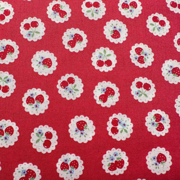 Happy Message 30s Strawberries and Cherries Cotton Fabric in Red, Japanese Import
