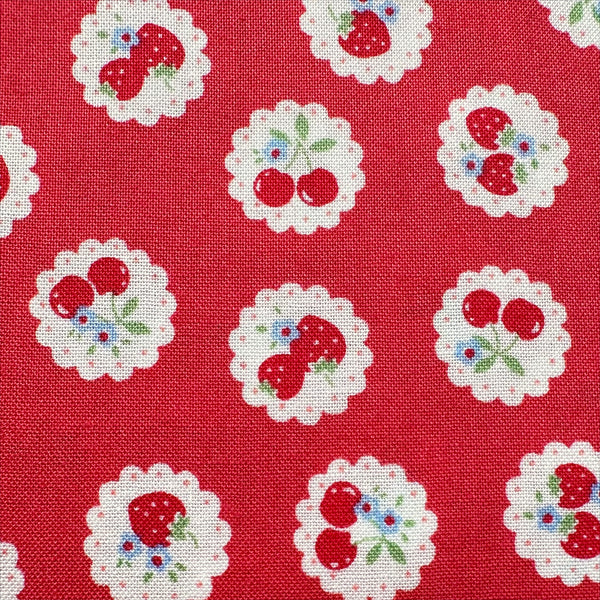 Happy Message 30s Strawberries and Cherries Cotton Fabric in Red, Japanese Import