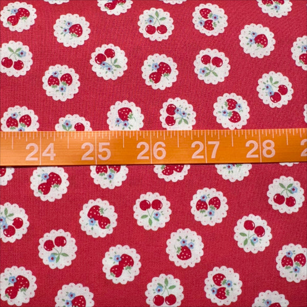 Happy Message 30s Strawberries and Cherries Cotton Fabric in Red, Japanese Import