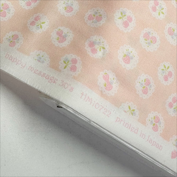 Happy Message 30s Strawberries and Cherries Cotton Fabric in Pale Pink, Japanese Import