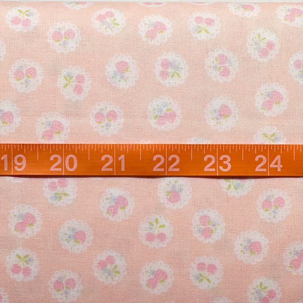 Happy Message 30s Strawberries and Cherries Cotton Fabric in Pale Pink, Japanese Import