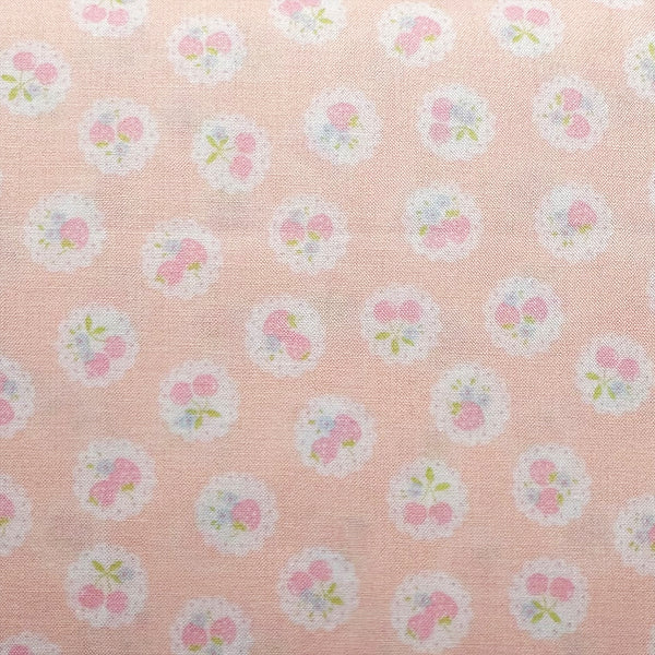 Happy Message 30s Strawberries and Cherries Cotton Fabric in Pale Pink, Japanese Import