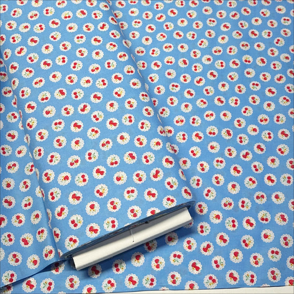 Happy Message 30s Strawberries and Cherries Cotton Fabric in Blue, Japanese Import