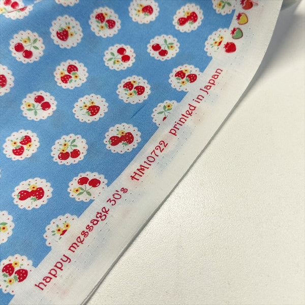 Happy Message 30s Strawberries and Cherries Cotton Fabric in Blue, Japanese Import