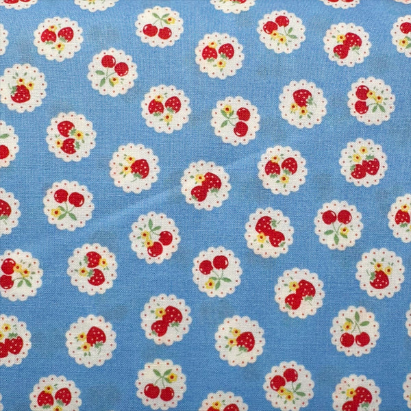 Happy Message 30s Strawberries and Cherries Cotton Fabric in Blue, Japanese Import