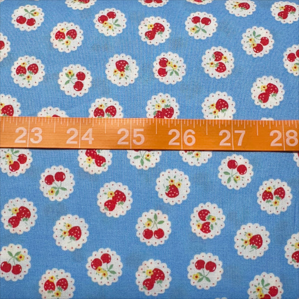 Happy Message 30s Strawberries and Cherries Cotton Fabric in Blue, Japanese Import
