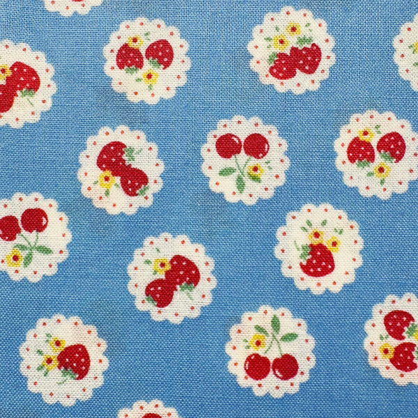 Happy Message 30s Strawberries and Cherries Cotton Fabric in Blue, Japanese Import
