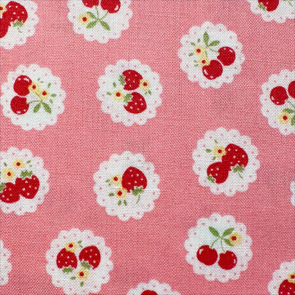 Happy Message 30s Strawberries and Cherries Cotton Fabric in Pink, Japanese Import