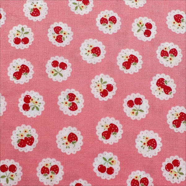Happy Message 30s Strawberries and Cherries Cotton Fabric in Pink, Japanese Import