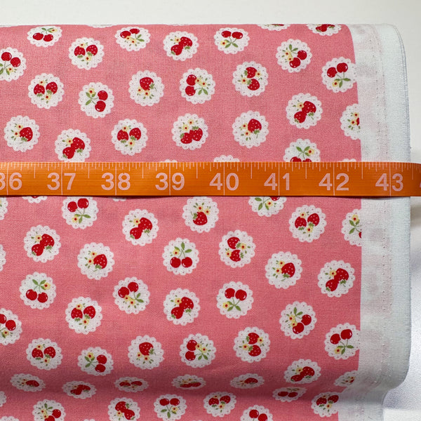 Happy Message 30s Strawberries and Cherries Cotton Fabric in Pink, Japanese Import