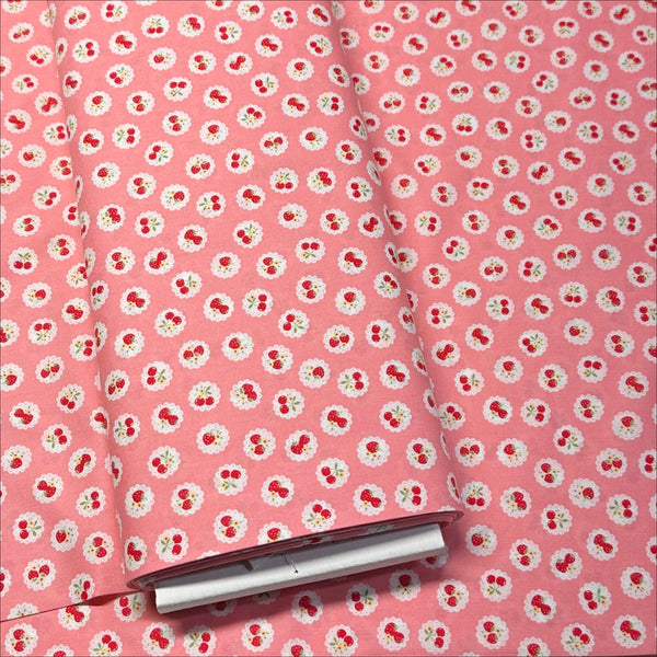 Happy Message 30s Strawberries and Cherries Cotton Fabric in Pink, Japanese Import