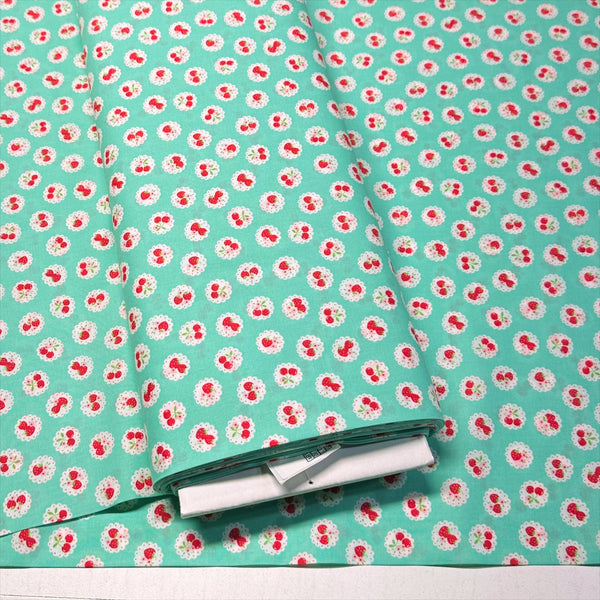 Happy Message 30s Strawberries and Cherries Cotton Fabric in Mint, Japanese Import