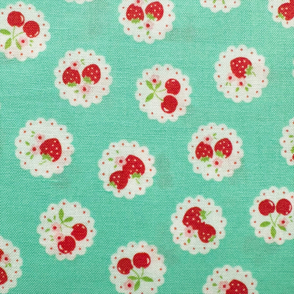 Happy Message 30s Strawberries and Cherries Cotton Fabric in Mint, Japanese Import