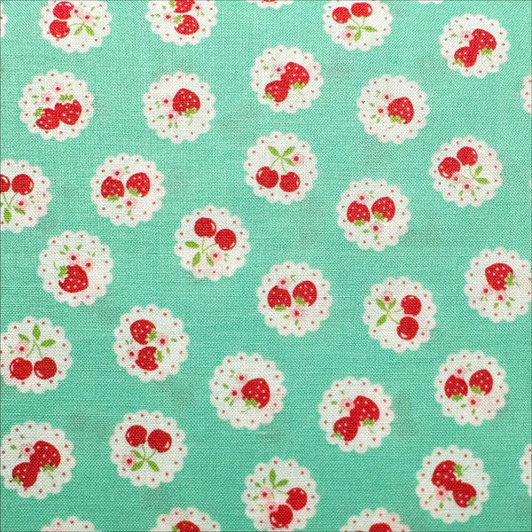 Happy Message 30s Strawberries and Cherries Cotton Fabric in Mint, Japanese Import