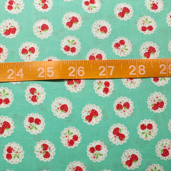 Happy Message 30s Strawberries and Cherries Cotton Fabric in Mint, Japanese Import